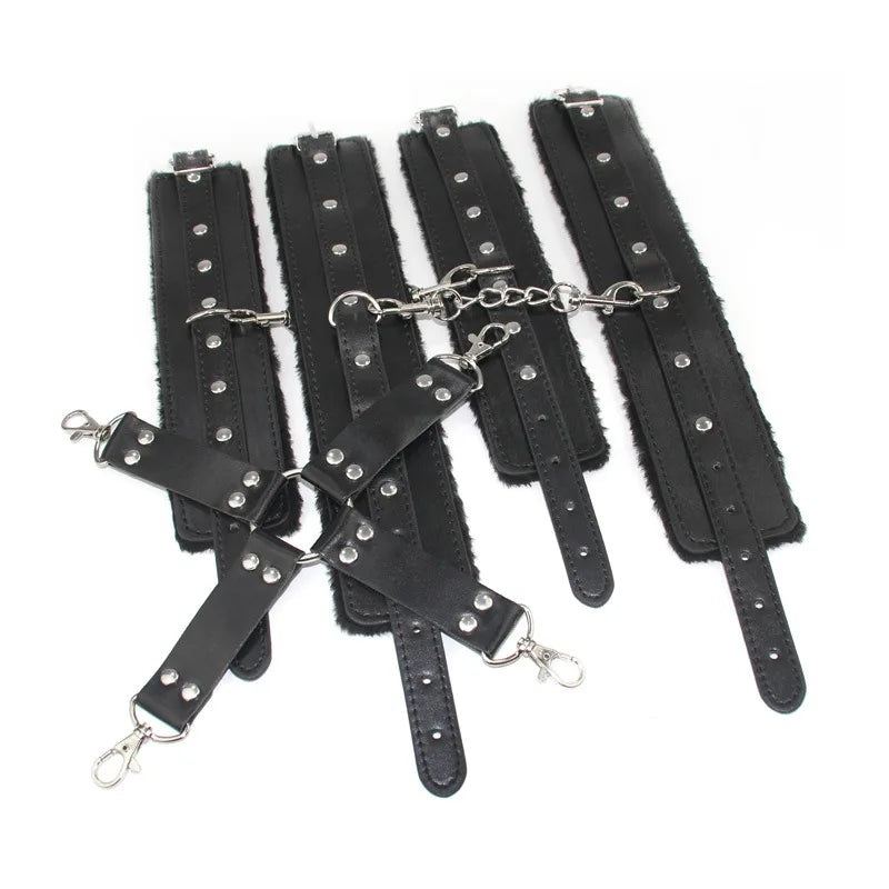 PU Leather Bondage Hog Tie Wrist and Ankle Cuffs Set With Cross Band Handcuffs Role Play Toy