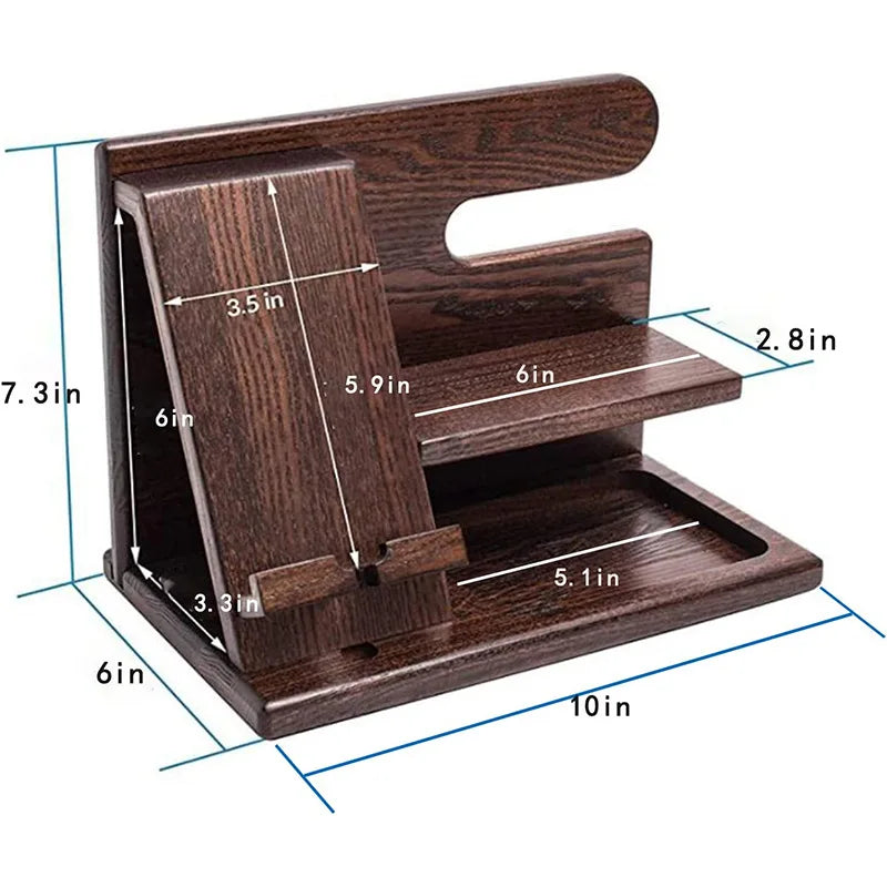Wooden Bedside Wood Phone Docking Station Holder Wallet Stand Watch Storage Rack Multifunctional Desktop Jewelry Packaging