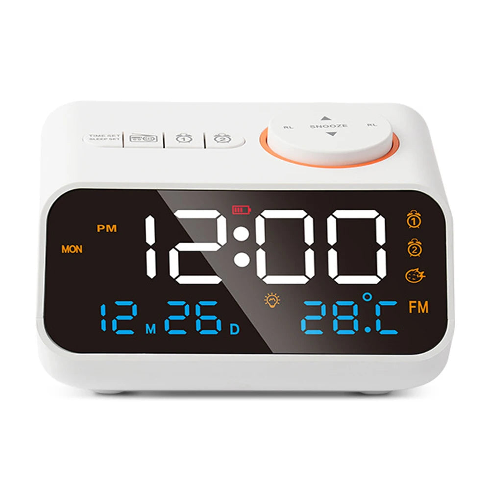 Mordern FM Radio LED Alarm Clock for Bedside Wake Up. Digital Table Calendar with Temperature Thermometer Humidity Hygrometer.