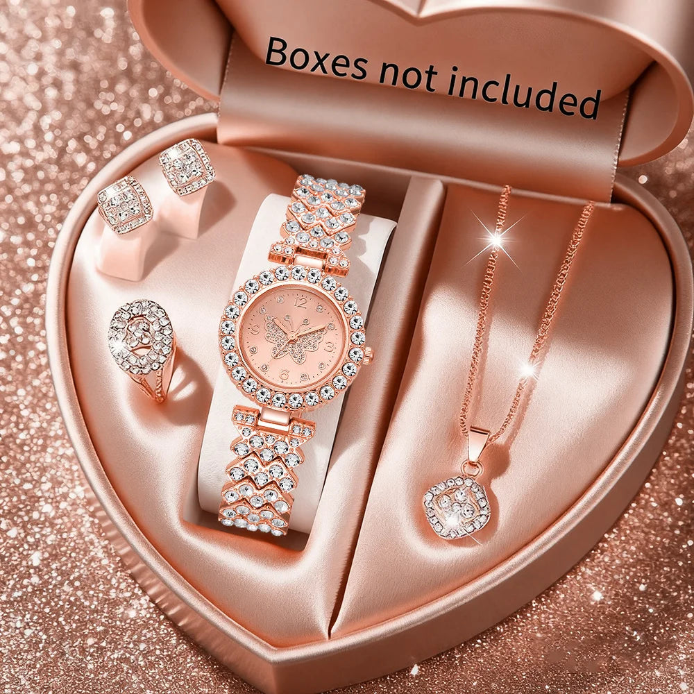 5PCS Fashion Rhinestone Butterfly Dial Women Quartz Watch Elegant Ladies Bracelet Wristwatch Jewelry Set Reloj Mujer(Without Box