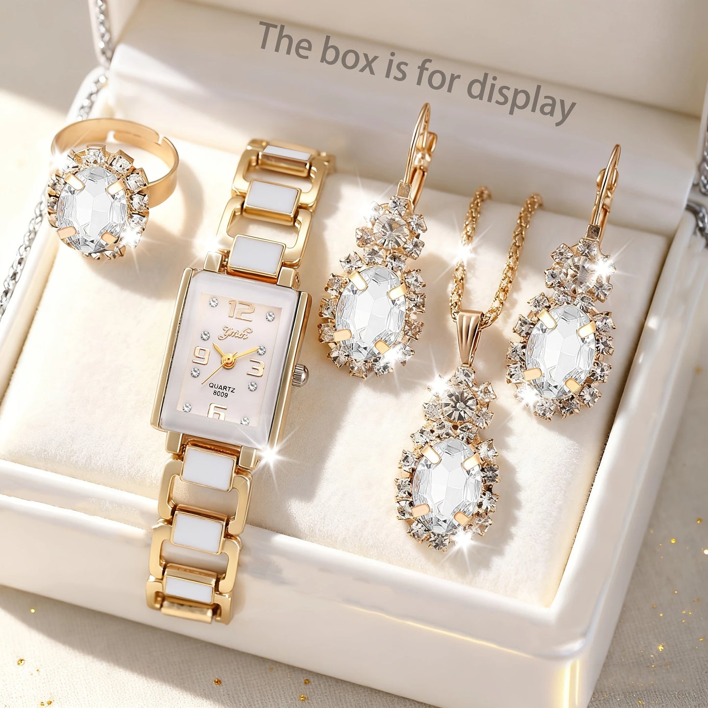 5PCS Women Fashion Rectangle Quartz Wristwatch Ladies Elegant Bracelet Watch With Diamond Jewelry Set Reloj Mujer (Without Box)