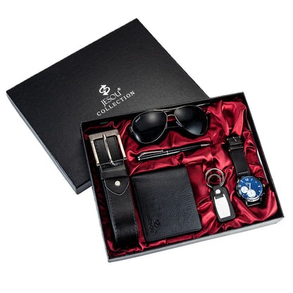 6Pcs/Set Fashion Mens Watches Set Luxury Gift Box Watch for Men Belt Glasses Keychain Pen Wallet Male Wristwatch Set with Box