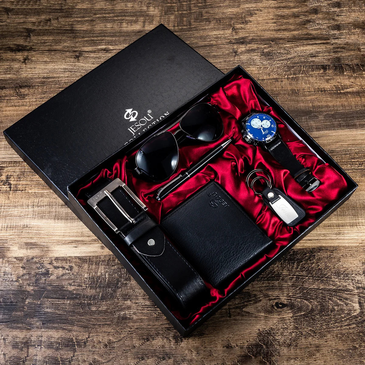 6Pcs/Set Fashion Mens Watches Set Luxury Gift Box Watch for Men Belt Glasses Keychain Pen Wallet Male Wristwatch Set with Box