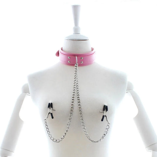 OEM BDSM Couple Toys Bulk Order - Adjustable Bondage Collar for Women, Metal Nipple Clamps Set with Lock Chain