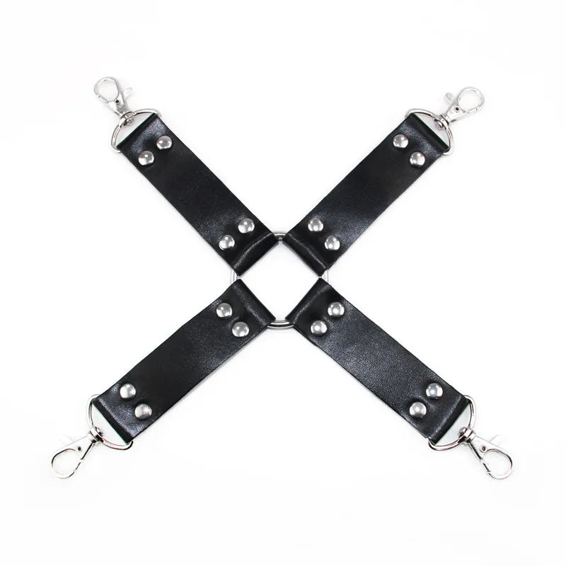 PU Leather Bondage Hog Tie Wrist and Ankle Cuffs Set With Cross Band Handcuffs Role Play Toy