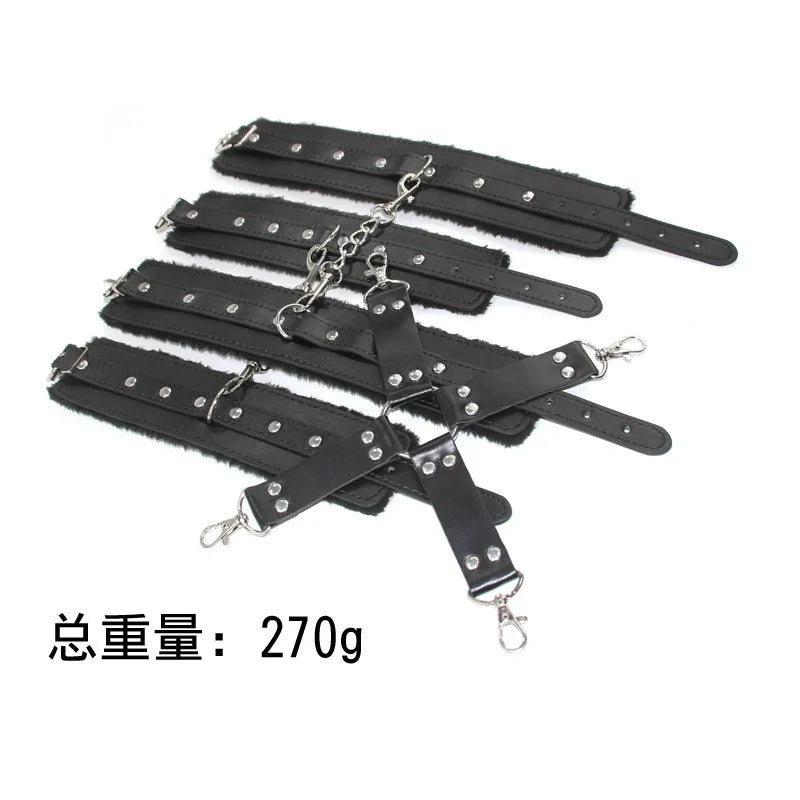 PU Leather Bondage Hog Tie Wrist and Ankle Cuffs Set With Cross Band Handcuffs Role Play Toy