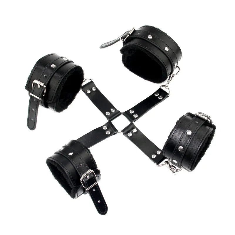 PU Leather Bondage Hog Tie Wrist and Ankle Cuffs Set With Cross Band Handcuffs Role Play Toy