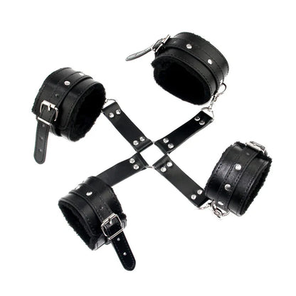 PU Leather Bondage Hog Tie Wrist and Ankle Cuffs Set With Cross Band Handcuffs Role Play Toy