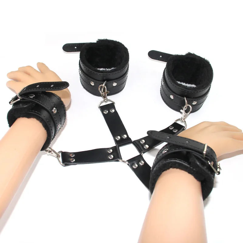 PU Leather Bondage Hog Tie Wrist and Ankle Cuffs Set With Cross Band Handcuffs Role Play Toy