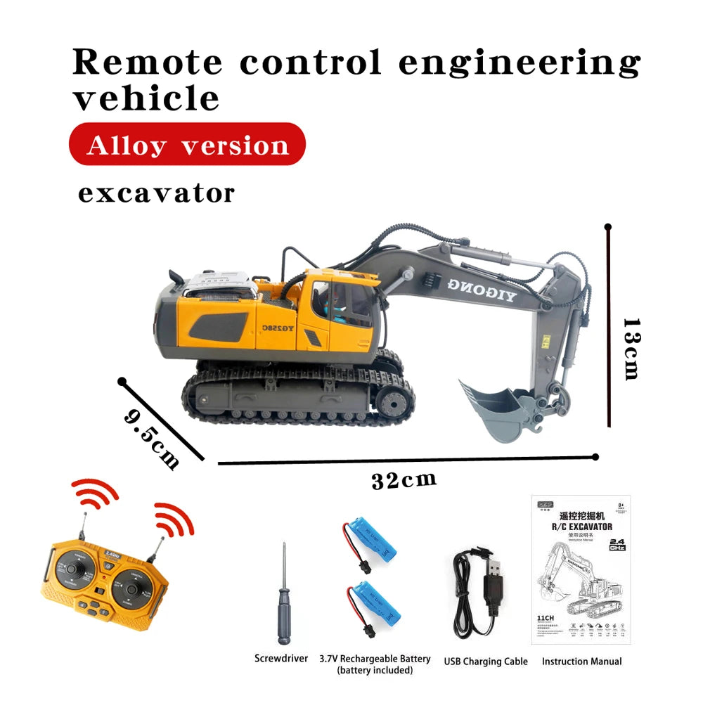 1:20 Alloy 2.4Ghz 11 Channels Rc Excavator Toy Remote Control Truck Toys Digger Sets With Music and Sounds RC Construction