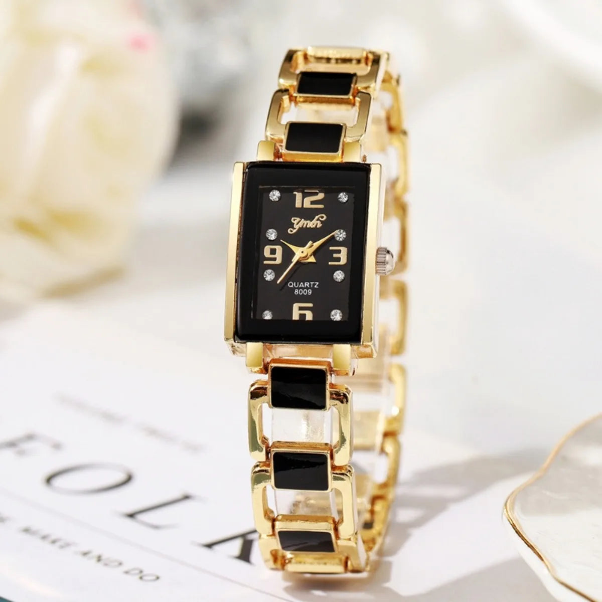 5PCS Women Fashion Rectangle Quartz Wristwatch Ladies Elegant Bracelet Watch With Diamond Jewelry Set Reloj Mujer (Without Box)