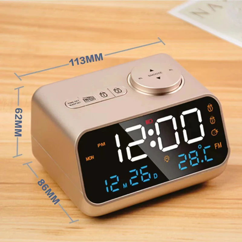 Mordern FM Radio LED Alarm Clock for Bedside Wake Up. Digital Table Calendar with Temperature Thermometer Humidity Hygrometer.