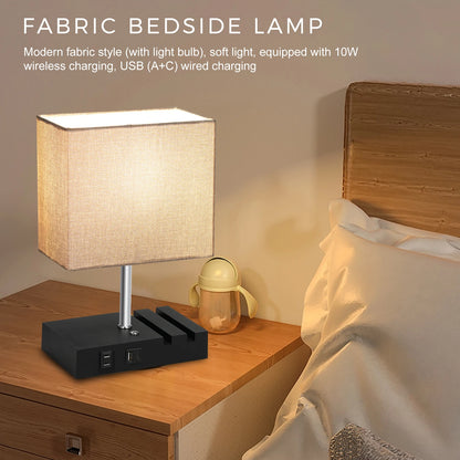Neoglint Fabric Bedside Table Lamp Nightstand Lamp Desk Light with Warm White LED Bulb Touch Control 10W Wireless Charger USB A