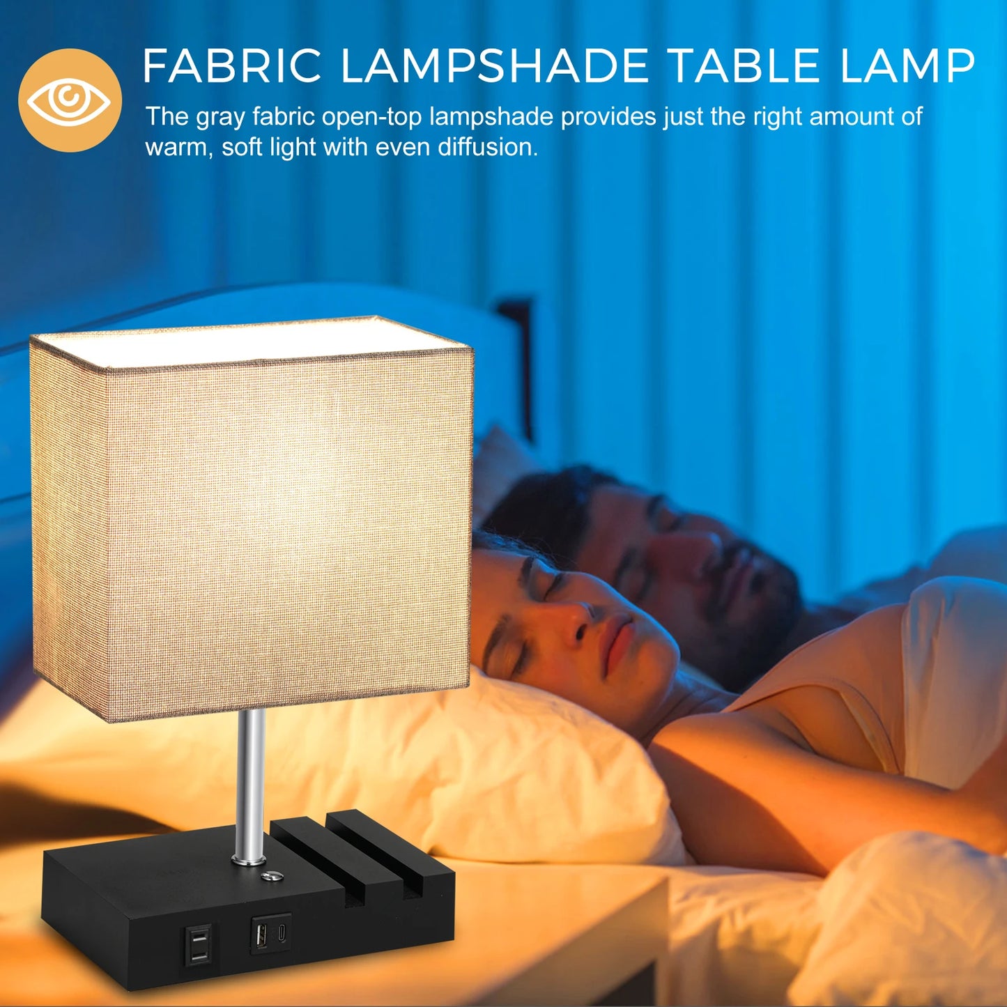 Neoglint Fabric Bedside Table Lamp Nightstand Lamp Desk Light with Warm White LED Bulb Touch Control 10W Wireless Charger USB A