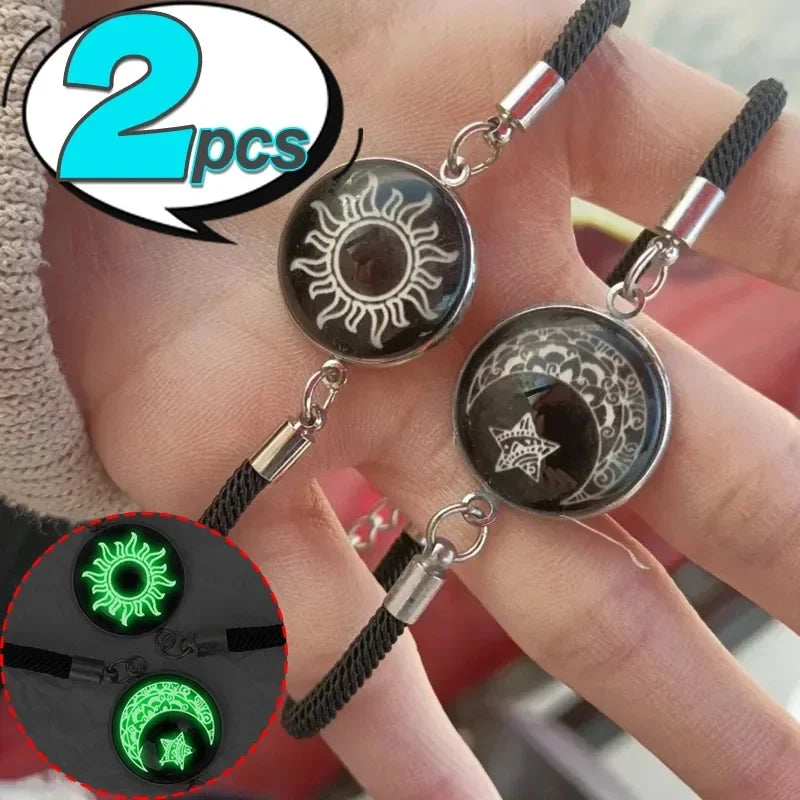 2pcs Luminous Sun Moon Braided Bracelets for Lovers Adjustable Couple Bracelets Fashion Valentine's Day Jewelry Girlfriend Gifts