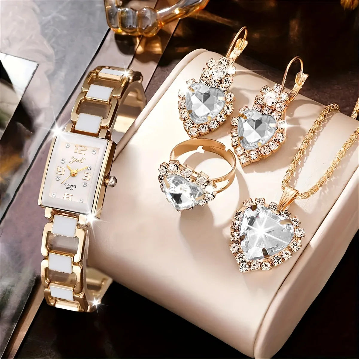 5PCS Women Fashion Rectangle Quartz Wristwatch Ladies Elegant Bracelet Watch With Diamond Jewelry Set Reloj Mujer (Without Box)