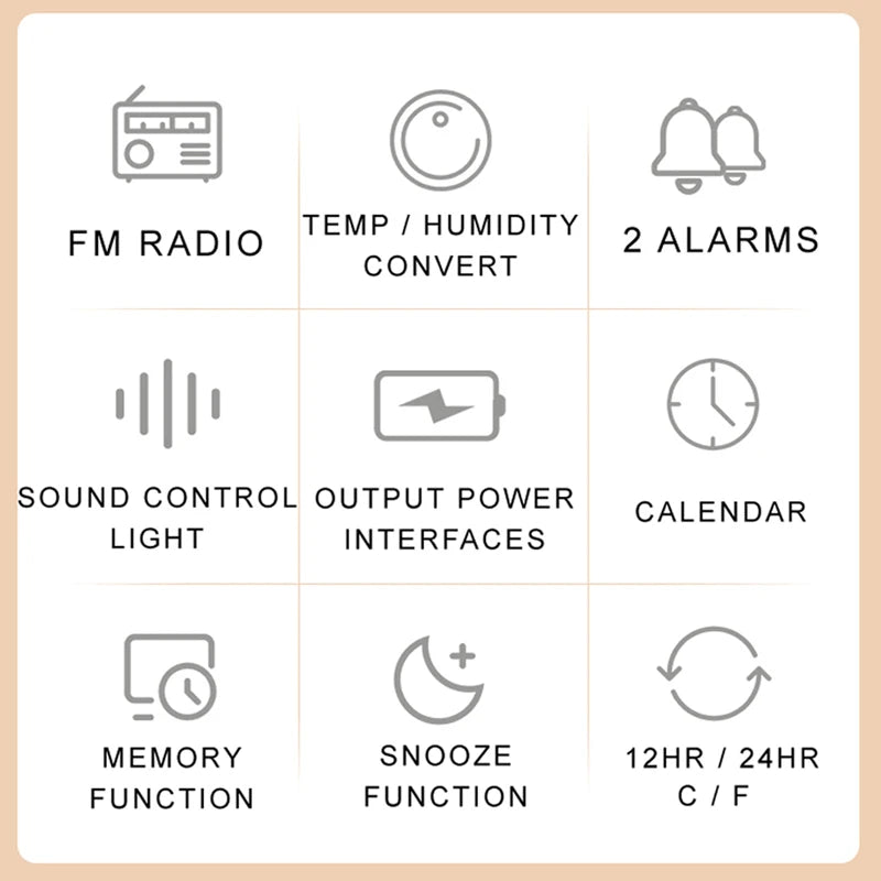 Mordern FM Radio LED Alarm Clock for Bedside Wake Up. Digital Table Calendar with Temperature Thermometer Humidity Hygrometer.