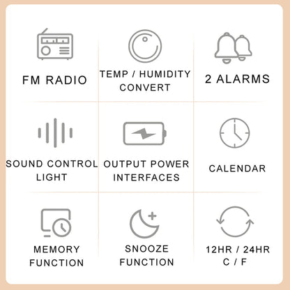 Mordern FM Radio LED Alarm Clock for Bedside Wake Up. Digital Table Calendar with Temperature Thermometer Humidity Hygrometer.