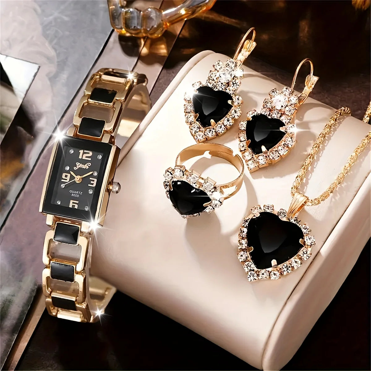 5PCS Women Fashion Rectangle Quartz Wristwatch Ladies Elegant Bracelet Watch With Diamond Jewelry Set Reloj Mujer (Without Box)