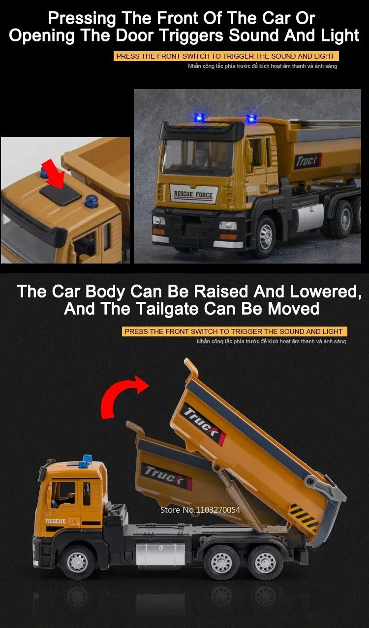1:32 Road Rescue Flatbed Truck Alloy Dump Model Diecast Toys Car Doors Opened Sound Light Pull Back Vehices Children's Fun Gifts