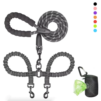 Pet Dog Leashes Walk 2 Two Dogs Nylon Leash Coupler Double Ropes Twin Leads Walking Dog with Poop Bag Multi Leashes 1.5+0.5M