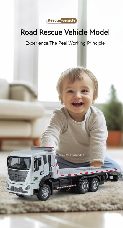 1:32 Road Rescue Flatbed Truck Alloy Dump Model Diecast Toys Car Doors Opened Sound Light Pull Back Vehices Children's Fun Gifts