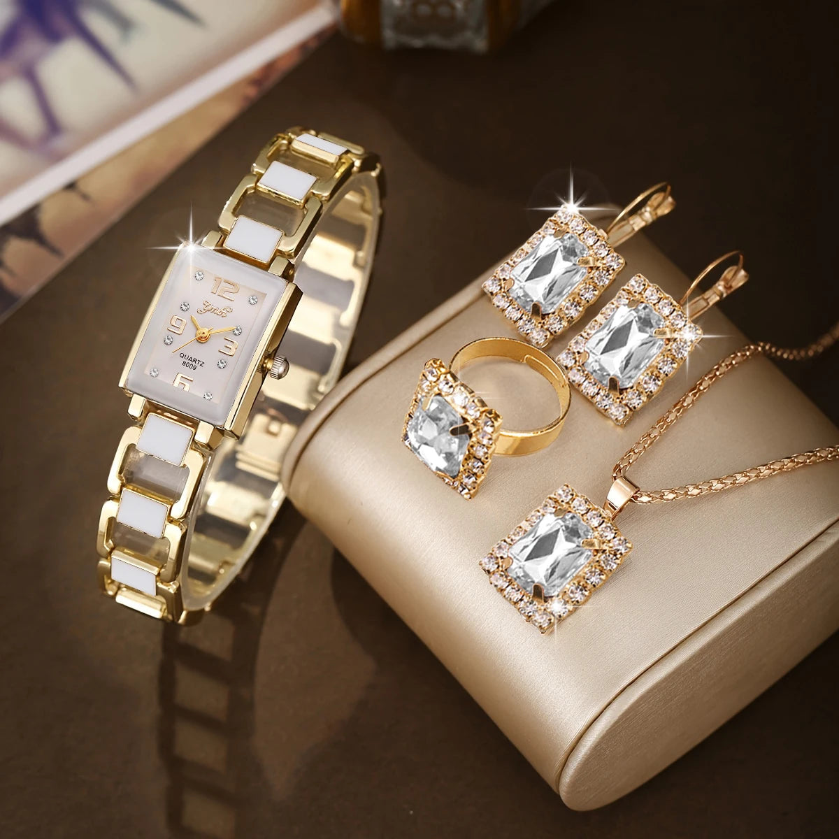 5PCS Women Fashion Rectangle Quartz Wristwatch Ladies Elegant Bracelet Watch With Diamond Jewelry Set Reloj Mujer (Without Box)