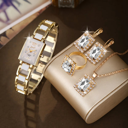 5PCS Women Fashion Rectangle Quartz Wristwatch Ladies Elegant Bracelet Watch With Diamond Jewelry Set Reloj Mujer (Without Box)
