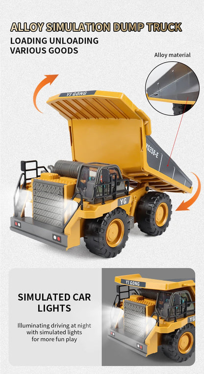 ZWN 2.4G Remote Control Excavator Dump Truck RC Model Car Toy Professional Alloy Plastic Simulation Construction Vehicle for Kid