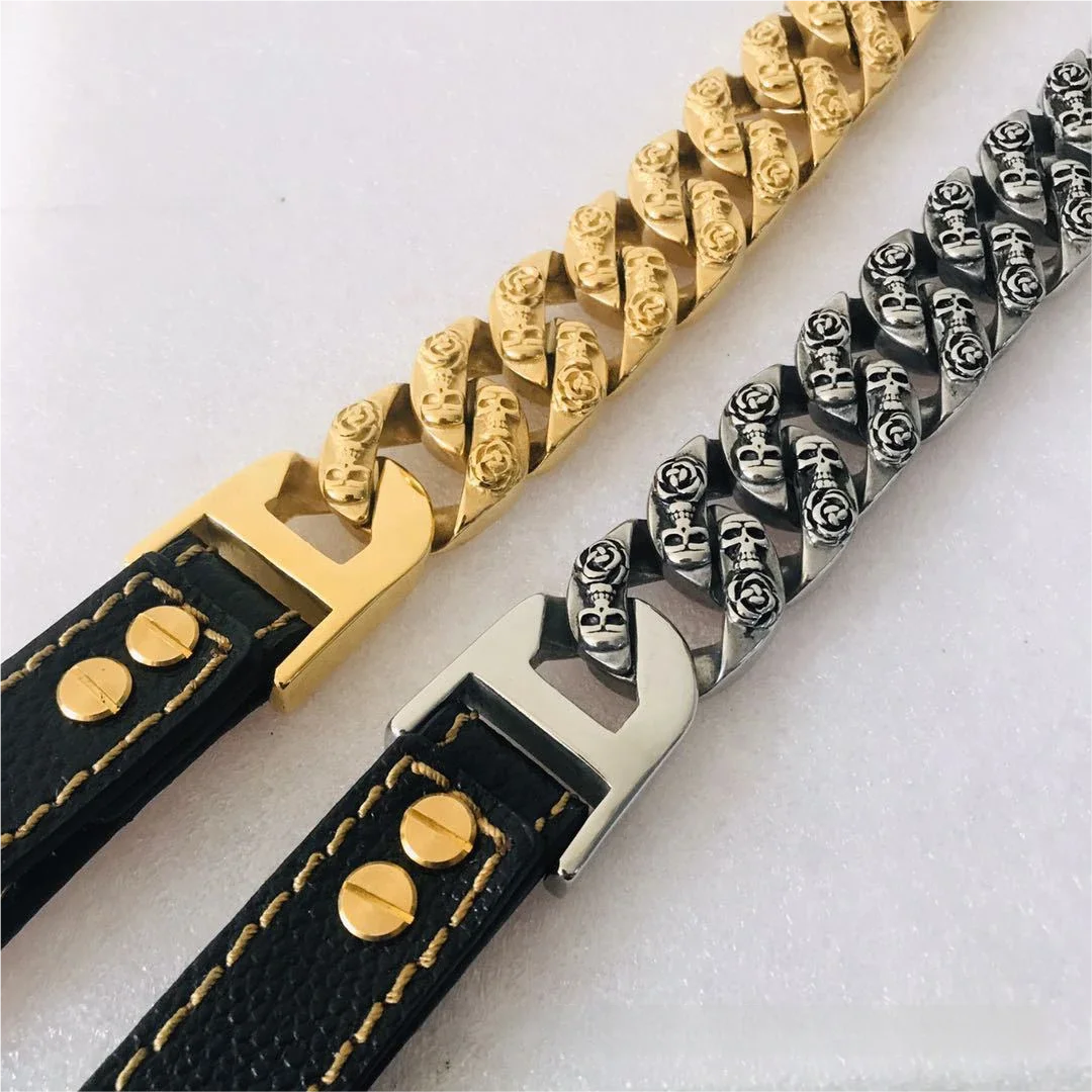 Fashion Hip-Hop SWAG 32MM Stainless Steel Gold Chain Pet Leash with Skull Pattern Anti-Lost for Medium and Large Dogs