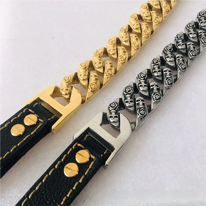 Fashion Hip-Hop SWAG 32MM Stainless Steel Gold Chain Pet Leash with Skull Pattern Anti-Lost for Medium and Large Dogs