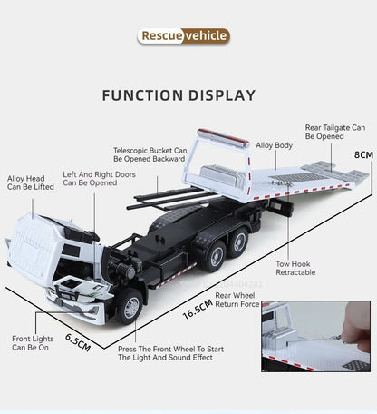 1:32 Road Rescue Flatbed Truck Alloy Dump Model Diecast Toys Car Doors Opened Sound Light Pull Back Vehices Children's Fun Gifts