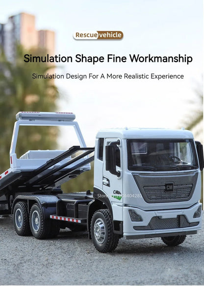 1:32 Road Rescue Flatbed Truck Alloy Dump Model Diecast Toys Car Doors Opened Sound Light Pull Back Vehices Children's Fun Gifts
