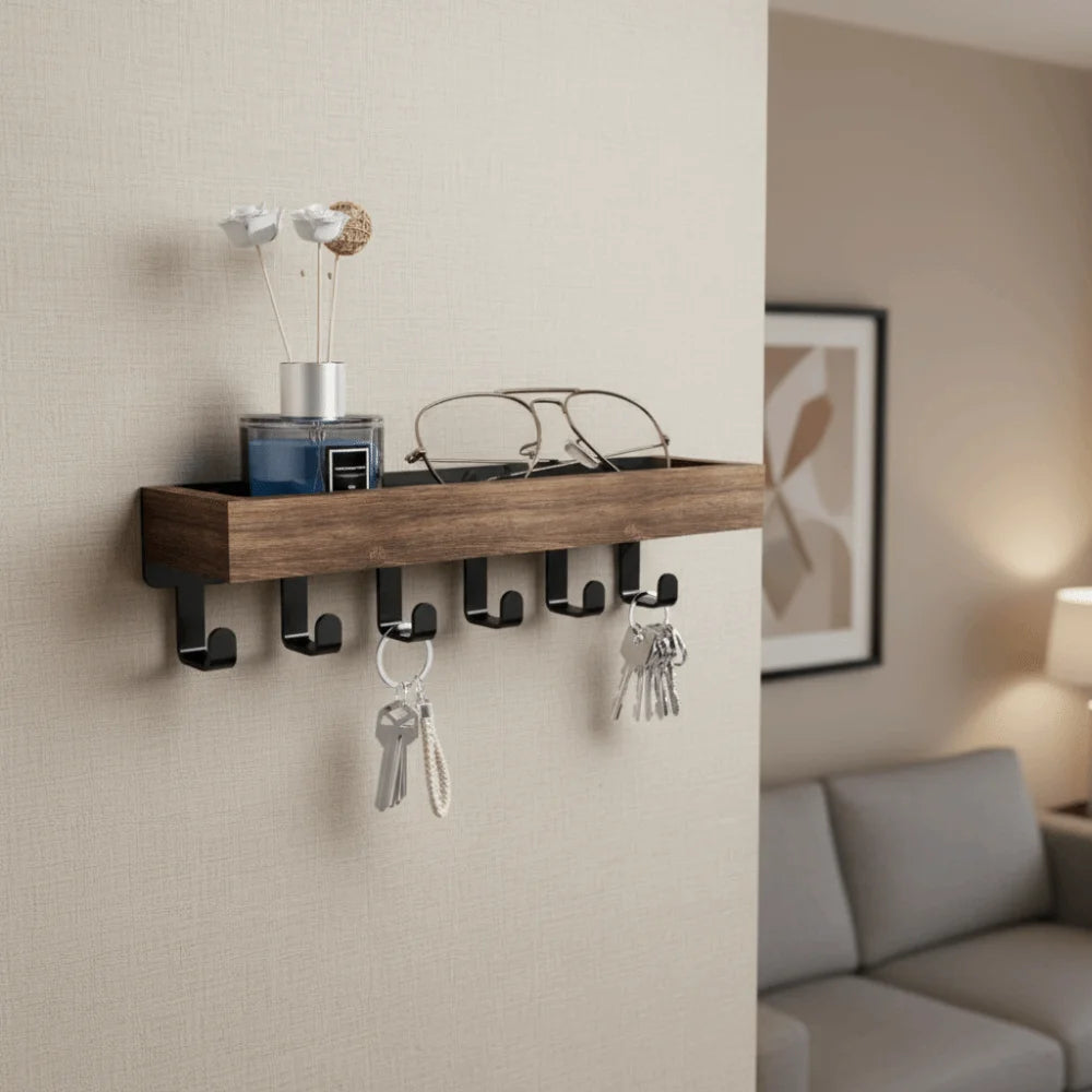Multifunctional Wooden Key Holder Durable Household Key Rack Organizer with 6 Hooks Storage Rack for Keys Sunglasses