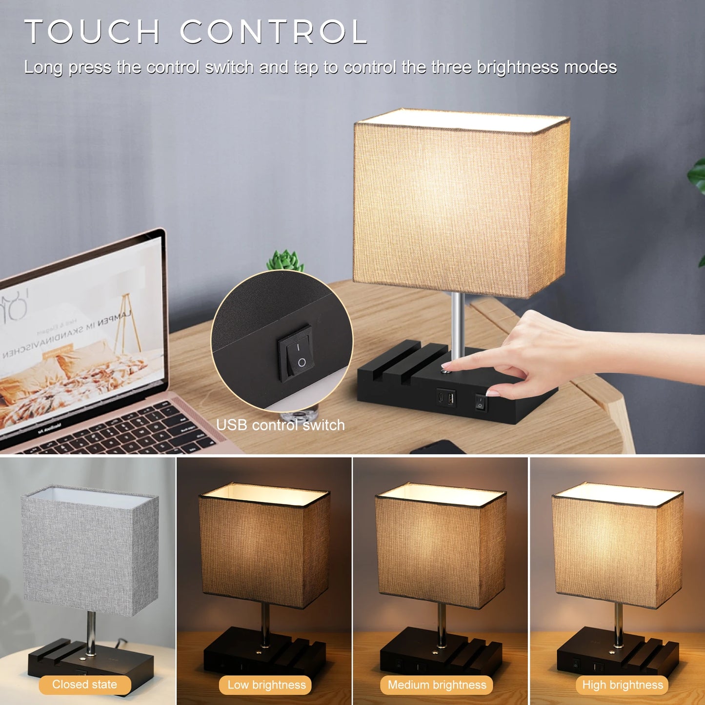Neoglint Fabric Bedside Table Lamp Nightstand Lamp Desk Light with Warm White LED Bulb Touch Control 10W Wireless Charger USB A