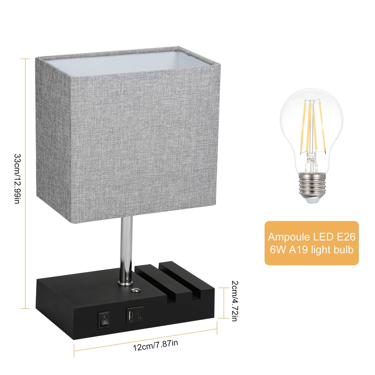 Neoglint Fabric Bedside Table Lamp Nightstand Lamp Desk Light with Warm White LED Bulb Touch Control 10W Wireless Charger USB A
