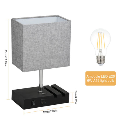 Neoglint Fabric Bedside Table Lamp Nightstand Lamp Desk Light with Warm White LED Bulb Touch Control 10W Wireless Charger USB A