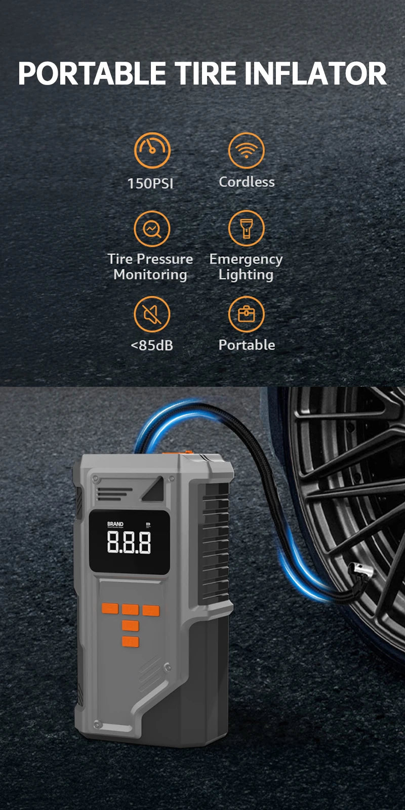 All-in-One Car Jump Starter & Tire Inflator - 12V for Cars/Trucks/SUVs, 10.2 Bar Air Compression,-40°C Resistant,Tire Monitoring