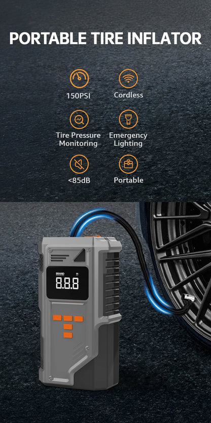 All-in-One Car Jump Starter & Tire Inflator - 12V for Cars/Trucks/SUVs, 10.2 Bar Air Compression,-40°C Resistant,Tire Monitoring