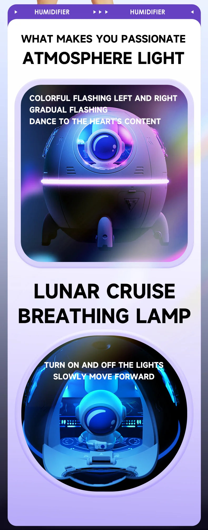 220mL Space Capsule Air Humidifier USB Plug in Rechargeable Mist Aromatherapy Water Diffuser 7 Colors Atmosphere Light