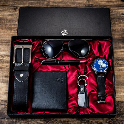 6Pcs/Set Fashion Mens Watches Set Luxury Gift Box Watch for Men Belt Glasses Keychain Pen Wallet Male Wristwatch Set with Box