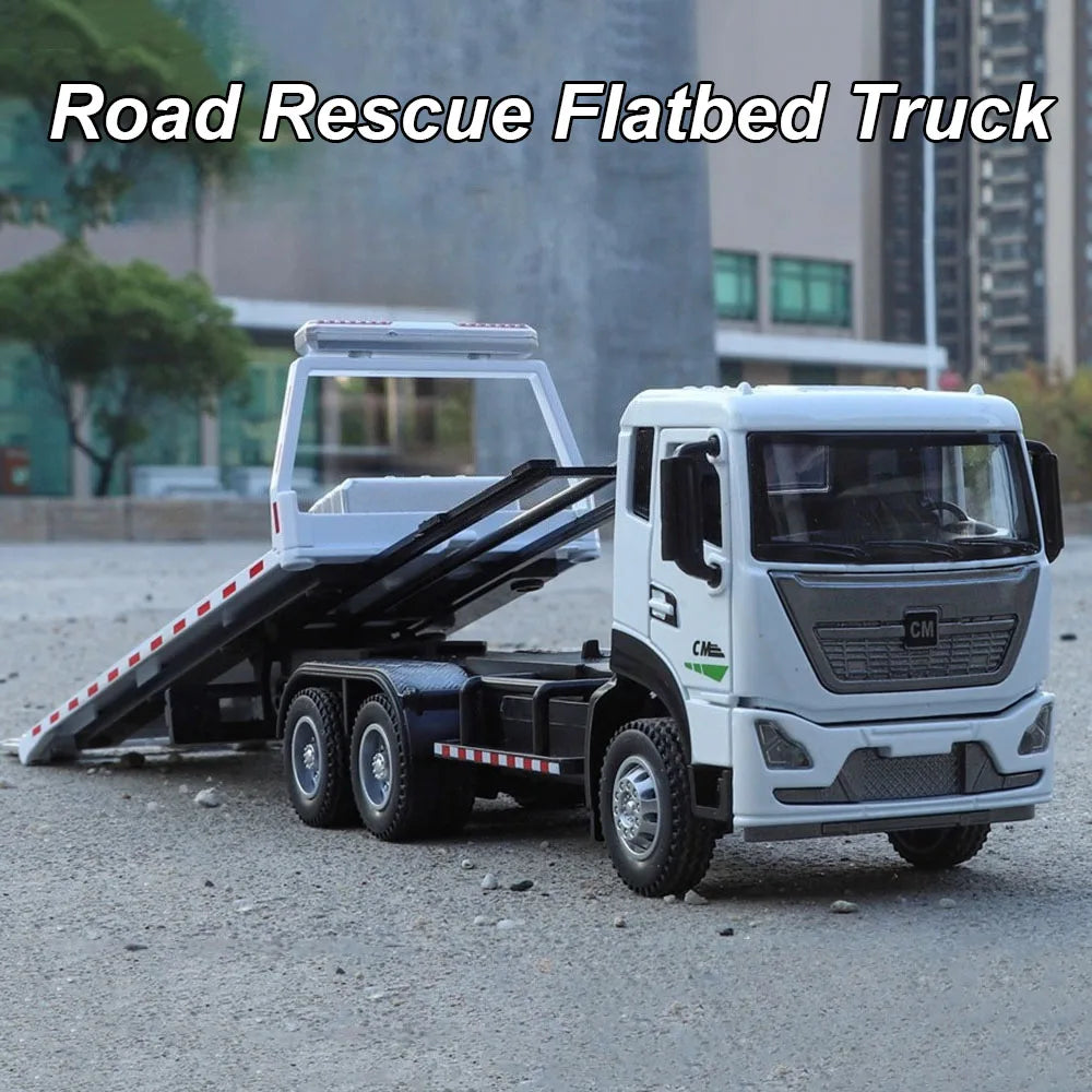 1:32 Road Rescue Flatbed Truck Alloy Dump Model Diecast Toys Car Doors Opened Sound Light Pull Back Vehices Children's Fun Gifts