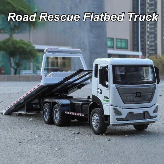 1:32 Road Rescue Flatbed Truck Alloy Dump Model Diecast Toys Car Doors Opened Sound Light Pull Back Vehices Children's Fun Gifts