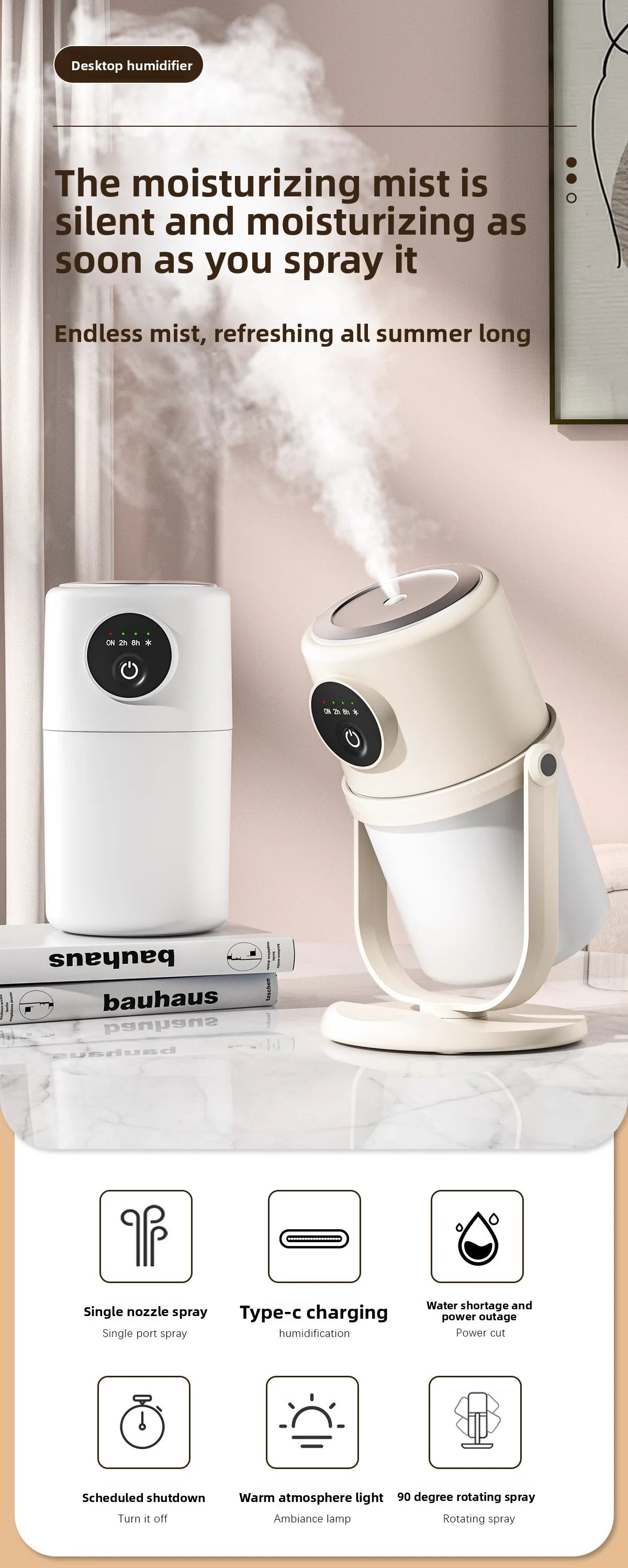 H8 Single Spray Humidifier USB 360° Rotation Air Purifier for Home Office Quiet Night Light Mini Mist