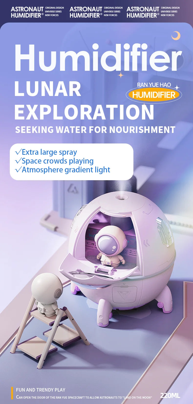 220mL Space Capsule Air Humidifier USB Plug in Rechargeable Mist Aromatherapy Water Diffuser 7 Colors Atmosphere Light