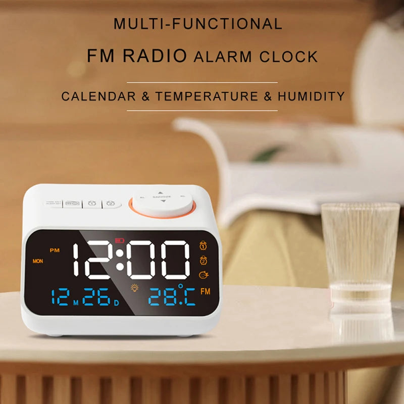 Mordern FM Radio LED Alarm Clock for Bedside Wake Up. Digital Table Calendar with Temperature Thermometer Humidity Hygrometer.