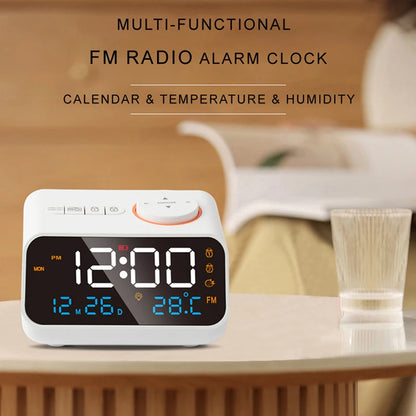 Mordern FM Radio LED Alarm Clock for Bedside Wake Up. Digital Table Calendar with Temperature Thermometer Humidity Hygrometer.