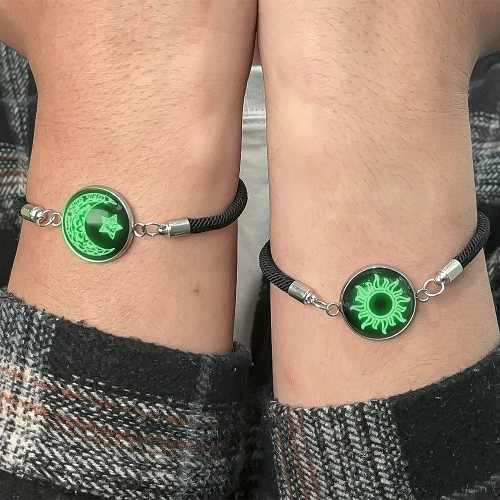 2pcs Luminous Sun Moon Braided Bracelets for Lovers Adjustable Couple Bracelets Fashion Valentine's Day Jewelry Girlfriend Gifts