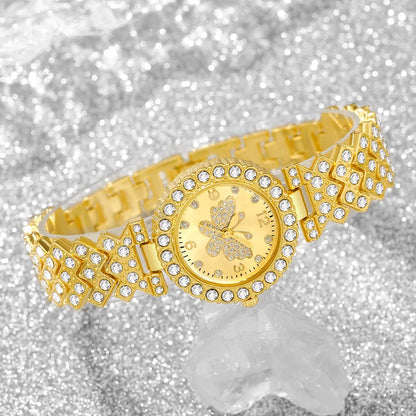 5PCS Fashion Rhinestone Butterfly Dial Women Quartz Watch Elegant Ladies Bracelet Wristwatch Jewelry Set Reloj Mujer（Without Box