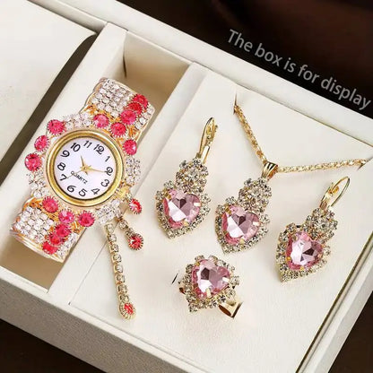 5PCS/Set Luxury Rhinestone Women Watches Fashion Adjustable Bangle Ladies Quartz Wristwatch Jewelry Set Reloj Mujer（Without Box）
